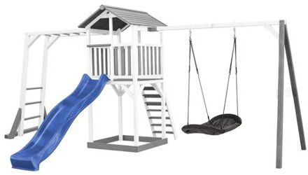 AXI Beach Tower Speeltoestel van hout in Grijs en Wit Speeltoren met zandbak, klimrek, nestschommel en blauwe glijbaan