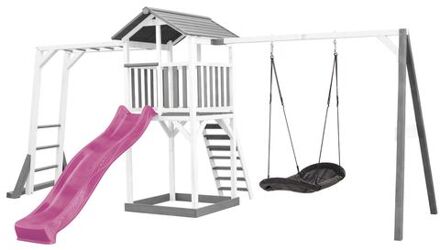 AXI Beach Tower Speeltoestel van hout in Grijs en Wit Speeltoren met zandbak, klimrek, nestschommel en paarse glijbaan