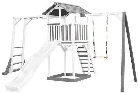 AXI Beach Tower Speeltoestel van hout in Grijs en Wit Speeltoren met zandbak, klimrek, schommel en witte glijbaan