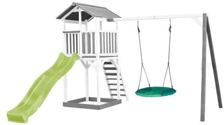 AXI Beach Tower Speeltoestel van hout in Grijs en Wit Speeltoren met zandbak, nestschommel en limoen groene glijbaan