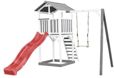 AXI Beach Tower Speeltoestel van hout in Grijs en Wit Speeltoren met zandbak, schommel en rode glijbaan