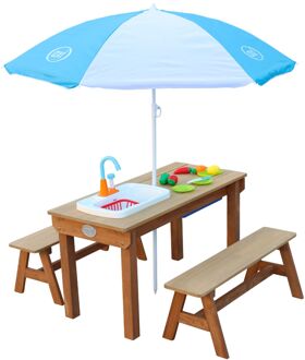 AXI Dennis Zand- en Watertafel - Picknicktafel met Speelkeuken, Wastafel en Losse Bankjes Bruin - Parasol Blauw / Wit