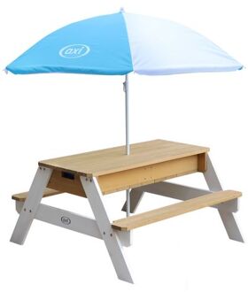 AXI Nick Picknicktafel / Zandtafel / Watertafel voor kinderen in bruin/wit met parasol in blauw/wit Multifunctionele Multikleur