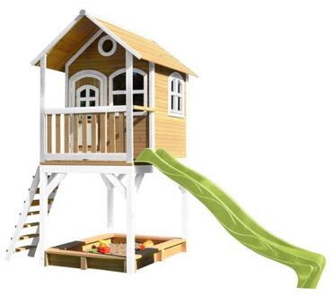 AXI Sarah Speelhuis op palen, zandbak & limoen groene glijbaan Speelhuisje voor de tuin / buiten in bruin & wit van