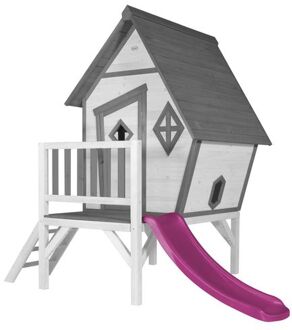 AXI Speelhuis Cabin XL Wit met paarse glijbaan Speelhuis op palen met veranda gemaakt van FSC hout Grijs