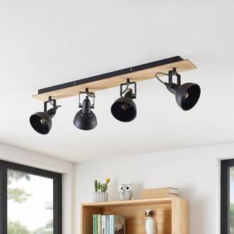 Aylis plafondlamp, 4-lamps, 82 cm, zwart, hout, E14 zwart, licht hout