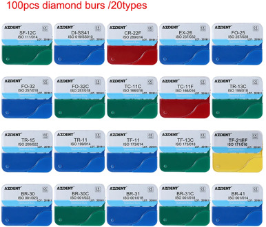 AZDENT 20 boxes/100pcs Dental Diamond Burs for High Speed Handpiece Medium FG 1.6MM 20 Fixed Types Dentist Dental Lab Tools