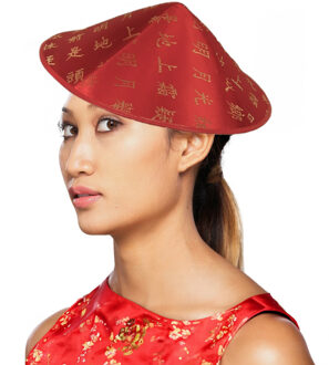 Aziatisch/chinees hoedje - Rood - Gouden tekens/letters - Carnaval verkleed hoedje - volwassenen
