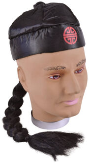 Aziatisch Chinees hoedje - zwart - met vlecht - Carnaval verkleed hoeden