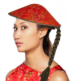 Aziatische/Chinese verkleed hoed - rood met vlecht - Carnaval hoeden
