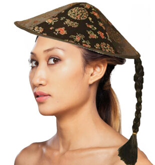 Aziatische hoed zwart met vlecht