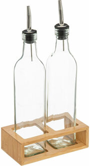 Azijn/Olie flessen tafelset - glas/bamboe - transparant - olijfolieflessen
