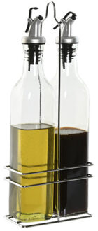 Azijn/Olie flessen tafelset - glas/metaal - transparant - met schenktuit - Olie- en azijnstellen