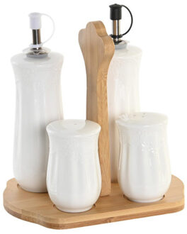 Azijn/Olie flessen tafelset - met peper/zout vaatjes - porselein/bamboe - wit - Olie- en azijnstellen