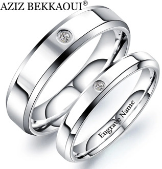 AZIZ BEKKAOUI Engrave Name Couple Rings Simple Style Stainless Steel Wedding Rings with Crystal for Women Men Promise Jewelry