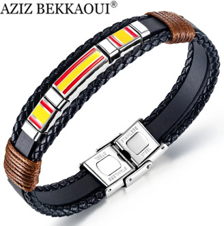 AZIZ BEKKAOUI Multilayer Layer Engraved Name Spanish Flag Leather Bracelet for Man Stainless Steel Men Bangle Customised Jewelry