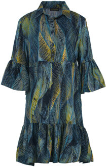 Azure Viscose Jurk met Verenprint Donkergroen