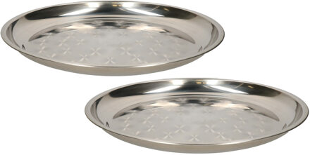 B- 2x -Home serveerschaal/dienblad - plat - rond - zilver - rvs - dia 30 cm - voedsel serveren