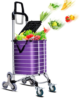 B-LIFE Grocery Laundry Utility Foldable Shopping Cart with PP Top Cover Can Sit On It Aluminum Alloy Stair Climbing Wheels
