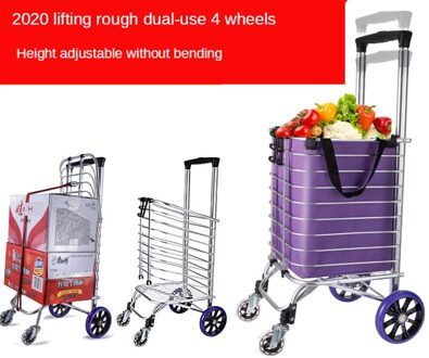 B-LIFE Lichtgewicht Winkelwagentje Met Herbruikbare Verwisselbare Boodschappentas Compact Staande Vouw Zware Trap Klimmen Wielen Zilver