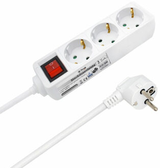 B-Tech Stekkerdoos 3-voudig - met randaarde en schakelaar - wit - snoer van 140 cm