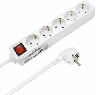 B-Tech Stekkerdoos 5-voudig - met randaarde en schakelaar - wit - snoer van 141 cm