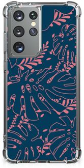 B2Ctelecom Anti Shock hybrid Case Samsung Galaxy S21 Ultra Silicone Hoesje met transparante rand Palm Leaves