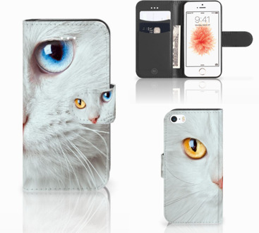 B2Ctelecom Apple iPhone 5 | 5s Boekhoesje Uniek Ontworpen Design Witte Kat