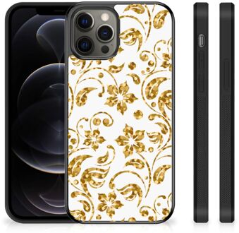 B2Ctelecom Back Cover Siliconen Hoesje iPhone 12 Pro Max Telefoonhoesje met Zwarte rand Gouden Bloemen