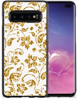 B2Ctelecom Back Cover Siliconen Hoesje Samsung Galaxy S10+ Telefoonhoesje met Zwarte rand Gouden Bloemen