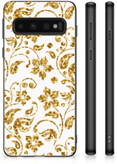 B2Ctelecom Back Cover Siliconen Hoesje Samsung Galaxy S10 Telefoonhoesje met Zwarte rand Gouden Bloemen