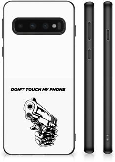 B2Ctelecom Back Cover Siliconen Hoesje Samsung Galaxy S10 Telefoonhoesje met Zwarte rand Gun Don't Touch My Phone