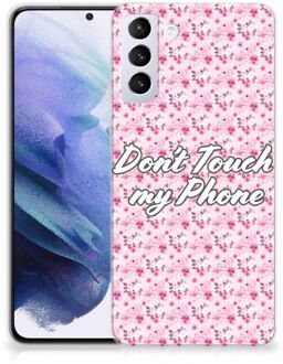 B2Ctelecom Back Cover Siliconen Hoesje Samsung Galaxy S21 Plus Hoesje met Tekst Flowers Pink Don't Touch My Phone