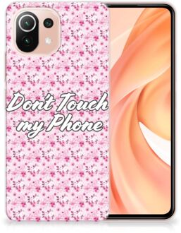 B2Ctelecom Back Cover Siliconen Hoesje Xiaomi Mi 11 Lite Hoesje met Tekst Flowers Pink Don't Touch My Phone