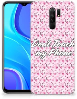 B2Ctelecom Back Cover Siliconen Hoesje Xiaomi Redmi 9 Hoesje met Tekst Flowers Pink Don't Touch My Phone