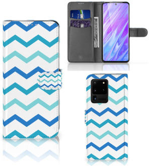 B2Ctelecom Book Cover Samsung Galaxy S20 Ultra Telefoon Hoesje Zigzag Blauw