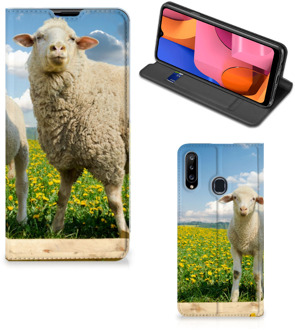 B2Ctelecom Book Stand Case met foto Samsung Galaxy A20s Telefoon Hoesje Schaap en Lammetje