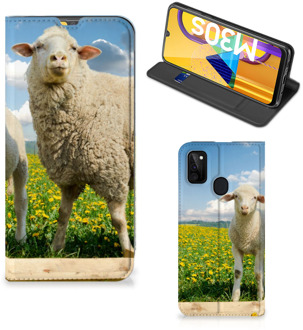 B2Ctelecom Book Stand Case met foto Samsung Galaxy M21 Telefoon Hoesje Schaap en Lammetje