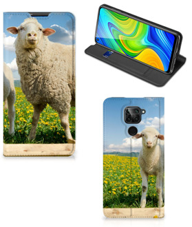 B2Ctelecom Book Stand Case met foto Xiaomi Redmi Note 9 Telefoon Hoesje Schaap en Lammetje