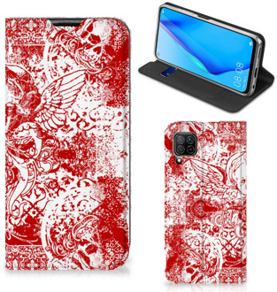 B2Ctelecom Book Style Case Huawei P40 Lite Smart Cover Angel Skull Red