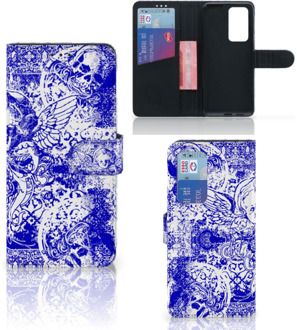 B2Ctelecom Book Style Case Huawei P40 Pro Smartphone Hoesje Angel Skull Blue