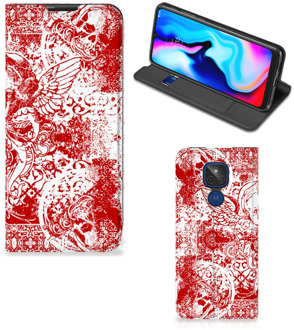 B2Ctelecom Book Style Case Motorola Moto G9 Play Smart Cover Angel Skull Red