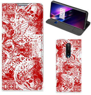 B2Ctelecom Book Style Case OnePlus 8 Smart Cover Angel Skull Red