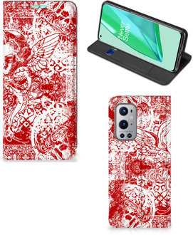 B2Ctelecom Book Style Case OnePlus 9 Pro Smart Cover Angel Skull Red