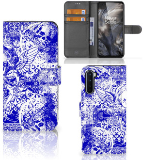 B2Ctelecom Book Style Case OnePlus Nord Smartphone Hoesje Angel Skull Blue