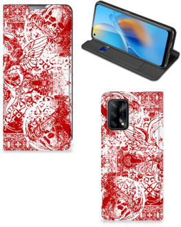 B2Ctelecom Book Style Case OPPO A74 4G Smart Cover Angel Skull Red