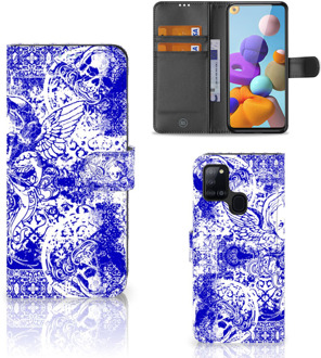 B2Ctelecom Book Style Case Samsung Galaxy A21s Smartphone Hoesje Angel Skull Blue