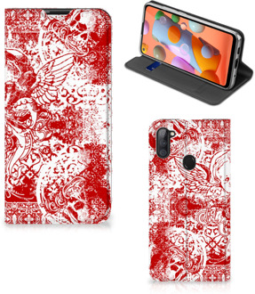 B2Ctelecom Book Style Case Samsung Galaxy M11 | A11 Smart Cover Angel Skull Red