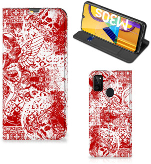 B2Ctelecom Book Style Case Samsung Galaxy M21 Smart Cover Angel Skull Red