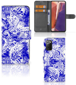 B2Ctelecom Book Style Case Samsung Galaxy Note 20 Smartphone Hoesje Angel Skull Blue